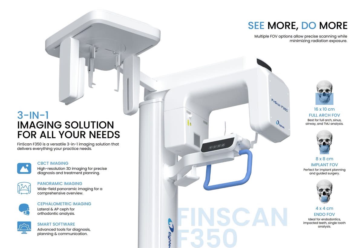 FinScan F350 brochure page 2 — 3-in-1 imaging solution and field-of-view options