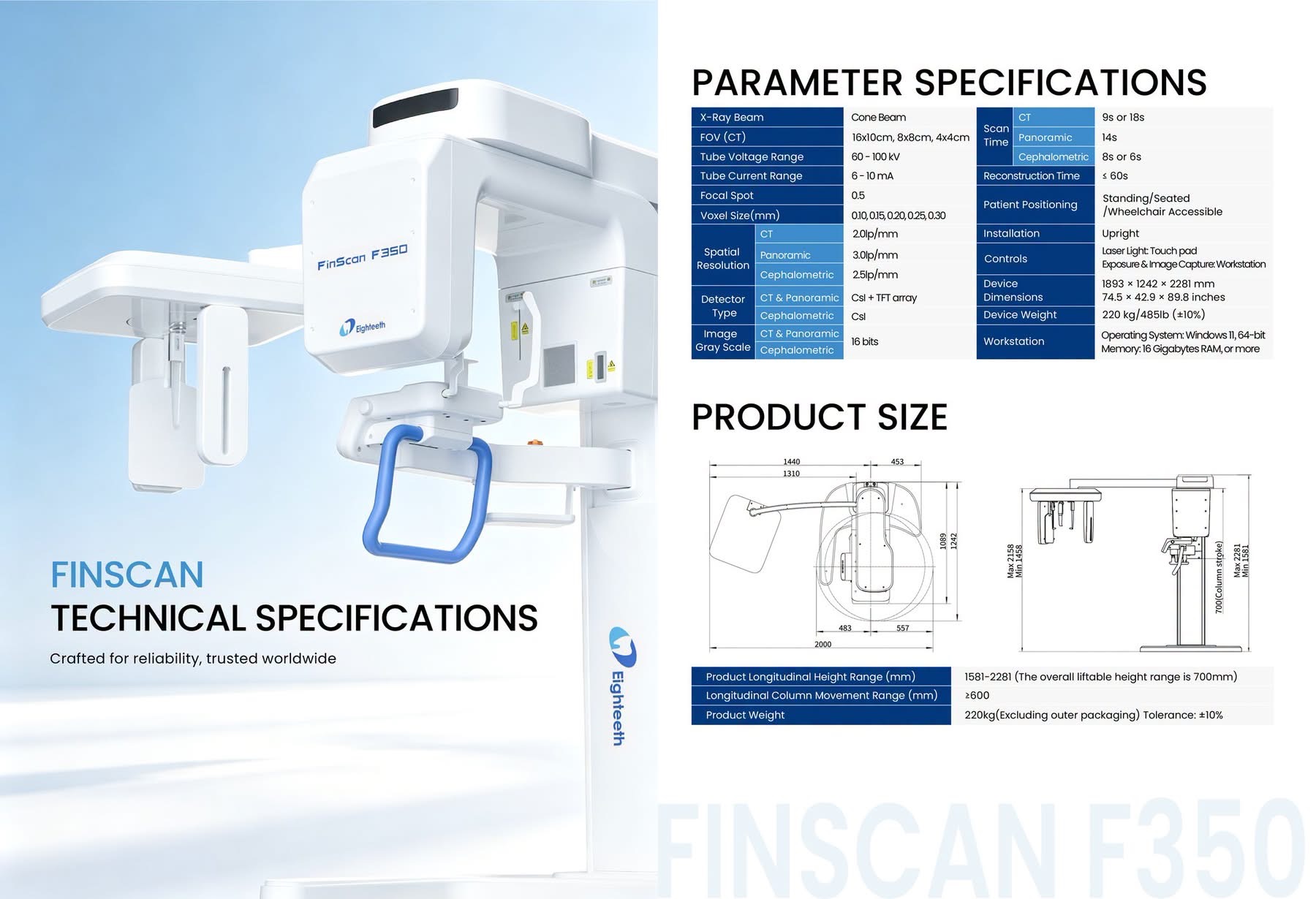 FinScan F350 brochure page 8 — Technical specifications and product dimensions