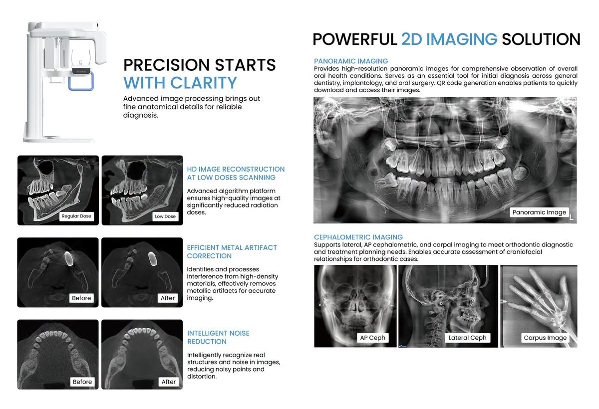 FinScan F350 brochure page 4 — Image clarity and 2D panoramic / cephalometric imaging
